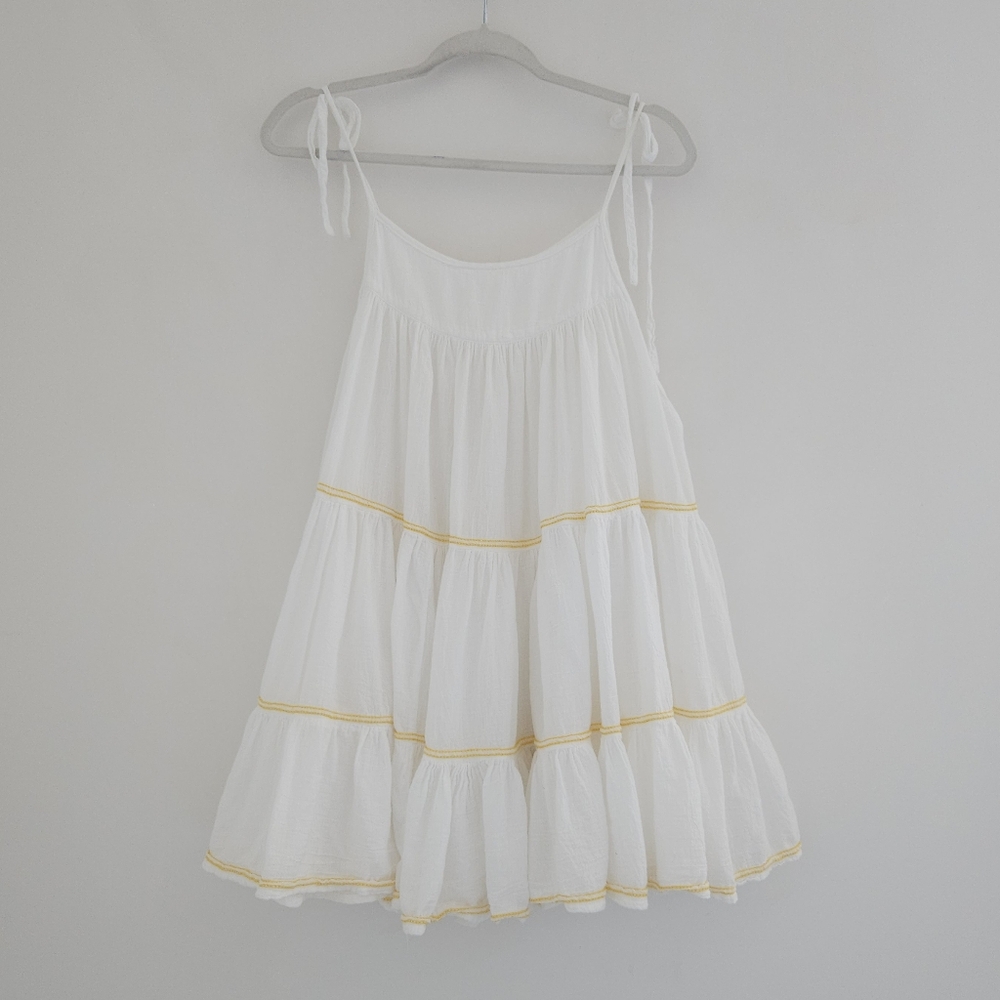 Honorine Peri White With Yellow Embroidered Strips Tiered Pouff Dress - Picture 4 of 11